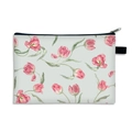 Flat cosmetic pouch with pink tulip print and black zipper on white background - US 1
