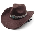 Detail van donkerbruine western cowboyhoed met etnische band en turquoise steen - M (56-58cm) / Kastanjebruin