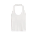Detailed view of a sexy white halter top featuring a crisscross back and soft knitted fabric - S / White