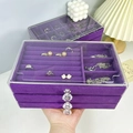 Three-layer purple velvet jewelry box with clear acrylic case and crystal handles - 3 Drawers With Handle / Purple