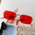 Modern rimless rectangular sunglasses with red tinted lenses and silver metal temples - Silver Frame Red Lens