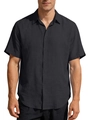 Men's casual black short sleeve linen shirt with button-down lapel collar design - Black