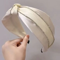 Elegant beige satin headband with double-row rhinestones and stylish top knot design - S35 White Satin Rhinestone Knot Style