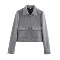 Women's dark grey tweed jacket with long sleeves, front pockets, and metal zipper closure - S / Tops / Heather Grey