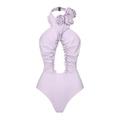 Lavender halter one-piece swimsuit with 3D floral accents and cutout front detail - S / Single Purple Swimsuit