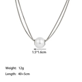 Silver double-layer snake bone necklace with round white pearl pendant detail - H235 Large Pearl Necklace Steel Color