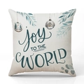 Weihnachtskissenbezug aus Leinen mit blauem Joy to the World Schriftzug und Hirschdekor - Freude für die Welt - Blaue Ornamente