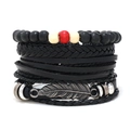 Set di 4 braccialetti in pelle intrecciata nera da uomo con ciondolo a piuma e perle di legno - Set Ciondolo Piuma (RH209)