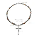 Ethnic Navajo turquoise style beaded necklace with cross pendant and silver pearls - N2641/Cross Pendant Coconut Shell Navajo Bead Long Necklace