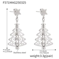 Silver stainless steel hollow Christmas tree earrings with size measurements in inches - Steel Color Life Tree Earrings / Steel