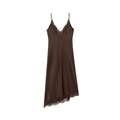 Brown satin V-neck slip dress with lace trim and asymmetrical hem on white background - XS / Coffee