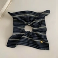 Navy blue checkered bow scrunchie with gold heart charm on a white background - Black Striped Scarf