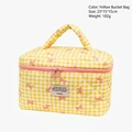 Quilted yellow gingham makeup bag with pink bow prints and double zipper handle - Light Yellow Barrel Bag