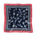 Navy blue silk square scarf with light blue floral patterns and geometric red borders - Dark Blue Floral
