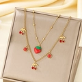 Gold-plated chain necklace featuring red cherry and strawberry fruit pendants in 18k gold - Strawberry Cherry Double Layer Style (KN294998-SXSJ)