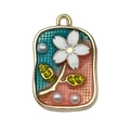 French vintage enamel floral pendant with coral grid pattern and pearl accents - Pink Blue Square Flower Leaf-22115