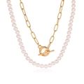 Collar de doble capa con cadena de clip dorada y perlas blancas con cierre de palanca OT - Oro KC (wg-1284)