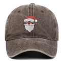Close-up of Santa Claus embroidery on a distressed brown washed cotton baseball cap - Coffee