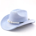 Close-up of light blue suede cowboy hat featuring pearl decorative band and black ribbon - M (56-58cm) / Light Sky Blue