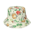 Cream bucket hat with colorful hand-drawn vegetable patterns and English script names - Creamy White Background Hand-drawn Vegetable Style