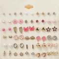 30 pairs stud earring set with gold finish pearls rhinestones and mixed shapes - Cute Colorful Fun Series (FX791)