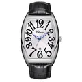 Men's tonneau quartz watch with white dial, black leather strap, and date window - Silver Case White Dial Black Font Numerals
