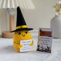 Handmade yellow crochet pumpkin doll wearing black wizard hat with support message card - Pineapple + Card + Hat + Base