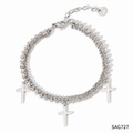 Silver stainless steel double-layered bracelet with beads, Cuban chain and cross charms - Steel Color Bracelet (SAG727)