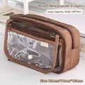 Coffee brown high capacity 8-layer pencil case with clear PVC window and nylon fabric - Brown