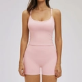 Pink yoga set with high waist shorts and thin strap sports bra for fitness workout - S / Vest 2 + Shorts — Ceramic Pink