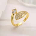 18K gold plated leaf ring with large round cubic zirconia in an adjustable open band design - Leaf Style (13281)