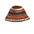Retro mehrfarbiger handgestrickter Fischerhut in Braun-, Orange- und Blautönen - Kontrast Kaffee Weiß Orange / M (56-58cm)