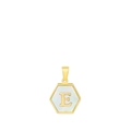 Hexagonal gold titanium steel necklace pendant with white shell inlay and letter E - Letter E