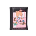 Black vegan leather tri-fold wallet with cute cartoon bear and pink stripes design - Black