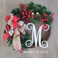 Christmas wreath with letter M, red berries, and pine cones on a 30cm festive door hanger - 40cm American Style Letter M Wreath / 40CM