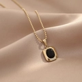 Elegant gold bead chain necklace with faceted black oval gemstone pendant for women - 14K Gold-Black Zirconia