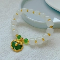 Ethnic white beads bracelet with green jade ruyi lock pendant and gold spacers - White Copper Beads: Green Peace Lock