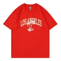 Women's red loose fit crew neck T-shirt with Los Angeles palm tree print design - Red