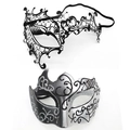 Black metal laser-cut masquerade mask with rhinestones and silver glitter carnival mask - One-eyed Bull Horn - Iron Silver Set