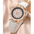 Close-up of rose gold watch with sparkling diamond floral dial on champagne silk - Single Watch / White