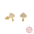 Macro view of gold-plated S925 sterling silver mushroom studs with cubic zirconia - Mushroom-White Zirconia