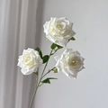 Three-head artificial white diamond rose spray with realistic petals and green stem - Cream