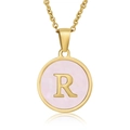 18K gold plated stainless steel necklace featuring a round pink shell pendant with letter R - Gold R (With Chain)