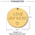 Macro view of 14mm stainless steel round pendant with engraved Love My Kids text and heart - Round Love My Kids (VG955)
