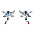 Exquisite S925 sterling silver dragonfly stud earrings with vibrant multicolor gemstones - 925 Silver / Dragonfly