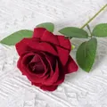 Single artificial velvet rose in dark red with realistic leaves for home decoration - Elsa Wine Red