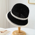 Handcrafted knit bucket hat in black and white contrast colors with a hollow-out design - M(56-58cm) / Contrast Trim (5640) / Black