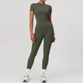 Slim fit olive green yoga set with short sleeve top and high waist leggings - S / T-shirt + Leggings Forest Green