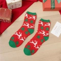 Festive red and green coral fleece Christmas socks with reindeer and tree patterns - White Reindeer