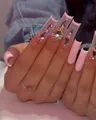 Detail of long square press-on nails with pink rhinestones and gold heart accents - Pink Matte Gold Heart Pink Diamond Extra Long Style (BW93)